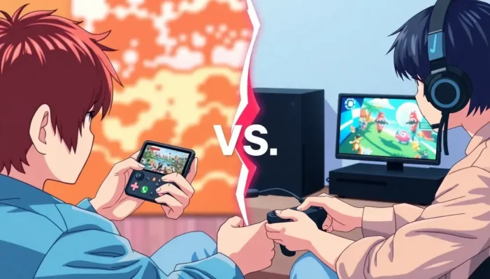 Split-screen image showing mobile and console gaming experiences.