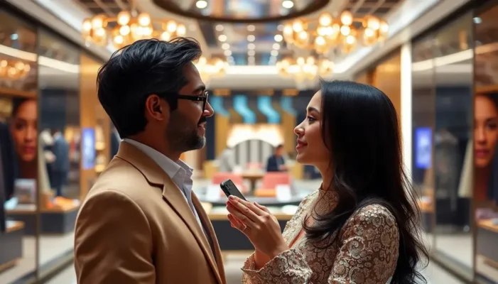 Elegantly dressed couple enjoying a luxurious shopping experience with high-tech enhancements.