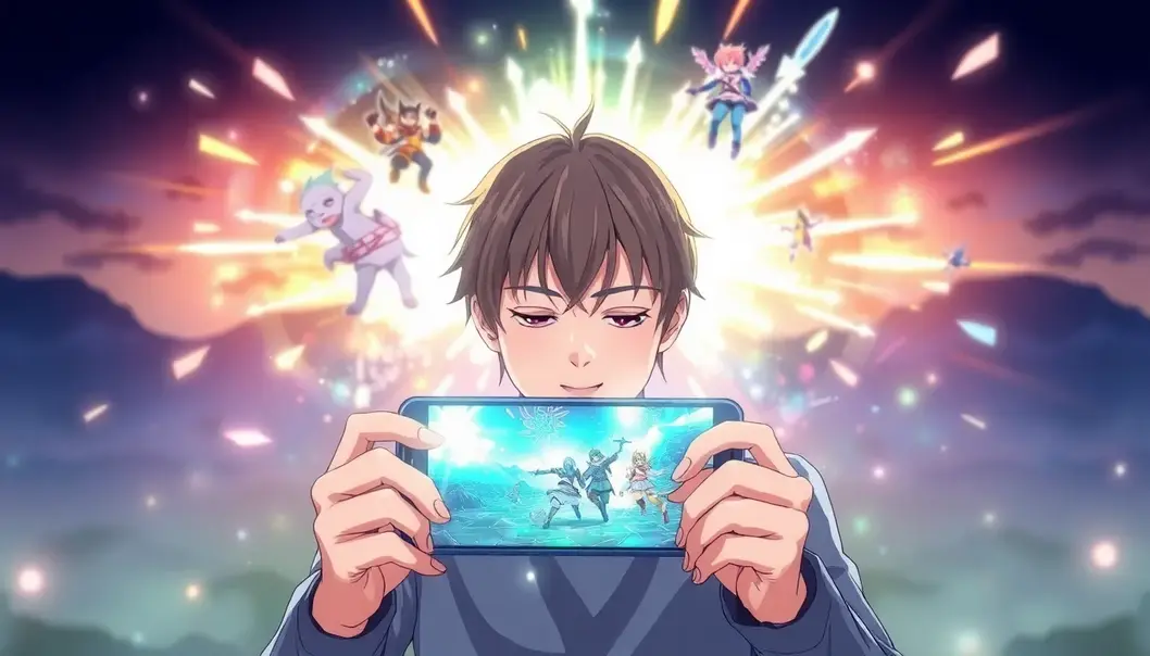 An anime fan explores an epic quest on a mobile device.