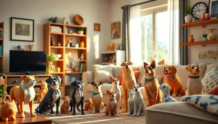 A living room with collectible figures of dogs and cats, decorated with pet-themed items.